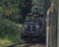 Blue electric train in station Rozmberk nad Vltavou