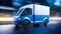 Blue electric van driving fast on the night road with blurred city lights in the background 3D rendering. Royalty Free Stock Photo