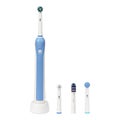 Blue electronic toothbrush on a charge stand with changeable brush heads
