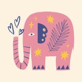 Blue elephant childish cartoon groovy boho illustration naive funky handdrawn style art vector