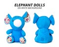 Blue elephant dolls isolated on white background. Blank face for your design Royalty Free Stock Photo