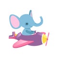 Blue elephant flying on little plane. Wild animal with large ears and long trunk. Funny aircraft pilot. Flat vector for Royalty Free Stock Photo