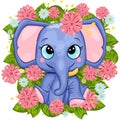 a blue elephant sitting in a flower filled frame with pink flowers and green leaves Royalty Free Stock Photo