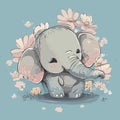 a blue elephant sitting in a flower filled frame with pink flowers Royalty Free Stock Photo