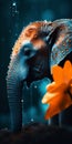 Blue Elephant and an Orange Flower in the Rain