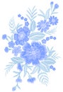 Blue embroidered flower bouquet field fashion patch fabric ornament traditional ethnic vintage embroidery vector