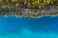 Blue emerald lake in forest on sunny day. Aerial drone view. Beautiful picturesque lakeside with green forest