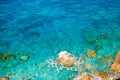 Blue emerald sea water with large stones beach. Rocky shore transparent turquoise bottom Malta Royalty Free Stock Photo