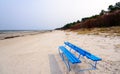 Blue empty bench near the Baltic sea in Jurmala, Latvia