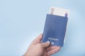 Blue empty passport and euro cash in the man`s hand. Travel conc Royalty Free Stock Photo