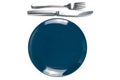 Blue empty plate with fork and knife isolated on white background Royalty Free Stock Photo