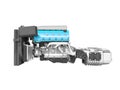 Blue engine for car assembly with gearbox rear view 3D render on white background no shadow