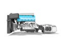 Blue engine for car assembly with gearbox rear view 3D render on white background with shadow