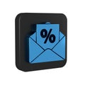 Blue Envelope with an interest discount from the store icon isolated on transparent background. Black square button. Royalty Free Stock Photo