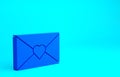 Blue Envelope with Valentine heart icon isolated on blue background. Message love. Letter love and romance. Minimalism concept. 3d Royalty Free Stock Photo