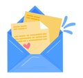 Blue envelope with yellow letters and hearts. Love message, romantic correspondence vector illustration