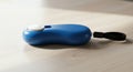 Blue ergonomic pet training clicker with a white button and black wrist strap on a light wooden surface Royalty Free Stock Photo