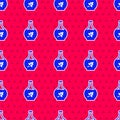 Blue Essential oil bottle icon isolated seamless pattern on red background. Organic aromatherapy essence. Skin care