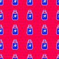 Blue Essential oil bottle icon isolated seamless pattern on red background. Organic aromatherapy essence. Skin care