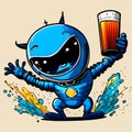 Blue ET alien with glass of beer