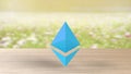 Blue Ethereum gold sign icon on blur field of flowers. 3d render isolated illustration, cryptocurrency, crypto, business,