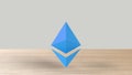 Blue Ethereum gold sign icon on wood table white background. 3d render isolated illustration, cryptocurrency, crypto, business, Royalty Free Stock Photo