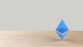 Blue Ethereum gold sign icon on wood table white background. 3d render isolated illustration, cryptocurrency, crypto, business,