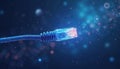 Blue ethernet cable glows with abstract cosmic particles, lights. Network connection concept visualizes data flow, global Royalty Free Stock Photo