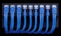Blue ethernet cables plugged into a network switch on a black background, ideal for tech ads Royalty Free Stock Photo