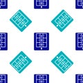 Blue Evacuation plan icon isolated seamless pattern on white background. Fire escape plan. Vector