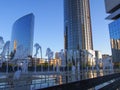 Blue evening skyscrapers and fountain Royalty Free Stock Photo