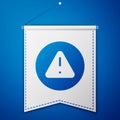 Blue Exclamation mark in triangle icon isolated on blue background. Hazard warning sign, careful, attention, danger Royalty Free Stock Photo