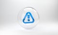 Blue Exclamation mark in triangle icon isolated on grey background. Hazard warning sign, careful, attention, danger Royalty Free Stock Photo