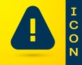 Blue Exclamation mark in triangle icon isolated on yellow background. Hazard warning sign, careful, attention, danger Royalty Free Stock Photo