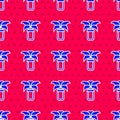 Blue Exotic tropical plant in pot icon isolated seamless pattern on red background. Vector Royalty Free Stock Photo