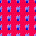 Blue Exotic tropical plant in pot icon isolated seamless pattern on red background. Vector Royalty Free Stock Photo