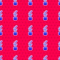 Blue Exotic tropical plant in pot icon isolated seamless pattern on red background. Vector Royalty Free Stock Photo