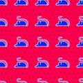 Blue Experimental mouse icon isolated seamless pattern on red background. Vector