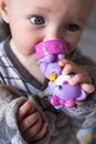 Blue eye baby girl in grey clothes and bathrobe holds in hands and nibble a violet toy cat. First tooth. Closeup Royalty Free Stock Photo