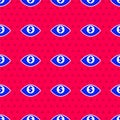 Blue Eye with dollar icon isolated seamless pattern on red background. Vector Royalty Free Stock Photo