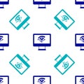 Blue Eye of Horus on monitor icon isolated seamless pattern on white background. Ancient Egyptian goddess Wedjet symbol