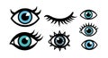 Blue eye icons with lashes and pupil designs in vector style for creative graphic projects and digital artwork collection Royalty Free Stock Photo