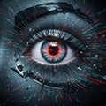 Blue eye with a red, digital pupil surrounded by intricate, futuristic patterns. Fragments Royalty Free Stock Photo