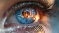 Blue Eye Reflecting a Dramatic Building Fire in the Iris Royalty Free Stock Photo