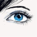 Blue Eye with Thick Lashes, Hand Drawing, Fashion, Beauty Sketch, Staring Human, Facial, Iris,