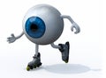 Blue eyeball with arms, legs and roller skates on feet