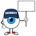 Blue Eyeball Cartoon Mascot Character Security Guard Holding Up A Blank Sign