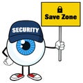 Blue Eyeball Cartoon Mascot Character Security Guard Holding Up A Save Zone Sign