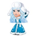 Blue-eyed beauty snow maiden in a fur cap with earflaps and a fur coat isolated on white background. Holiday party