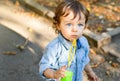 Blue eyed boy in the park with fallen leaves Royalty Free Stock Photo